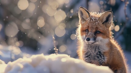 Brown fox cubs in the snow field winter spread