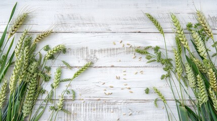 Wall Mural - Green wheat rye and oats ears on a weathered white wooden surface from above with room for text A nostalgic rural backdrop