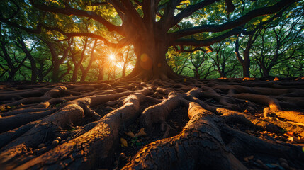 Wall Mural - Majestic sunrise through ancient tree roots