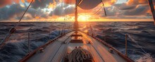 Generative AI Illustration Of Scenic View Of Sailboat With Wooden Deck And Mast With Rope Floating On Rippling Dark Sea Against Cloudy Sunset Sky