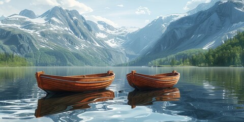 Wall Mural - image of wooden boats on a serene alpine lake with mountain reflections