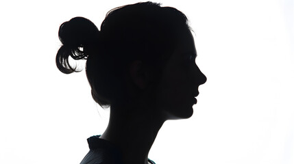 Wall Mural - Dark silhouette of a young woman on white background side view : Generative AI