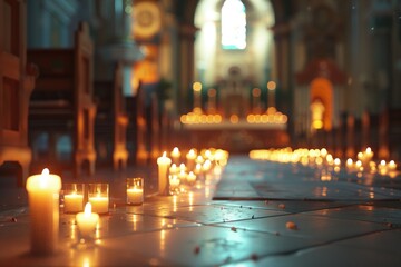 Wall Mural - A church with candles lit on the floor