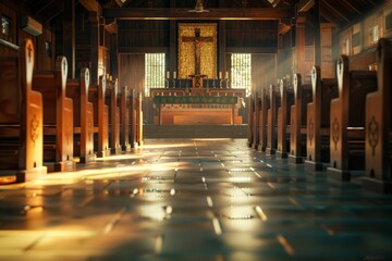 Wall Mural - The church is empty and the sun is shining through the stained glass windows
