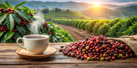 Wall Mural - Hot coffee cup with fresh organic red coffee beans and coffee roasts on the wooden table and the plantation background