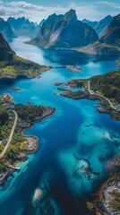 Wall Mural - Aerial view of Lofoten bridge with surrounded river
