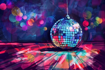 Cartoon cute doodles of a funky disco ball reflecting colorful lights onto a dance floor, Generative AI