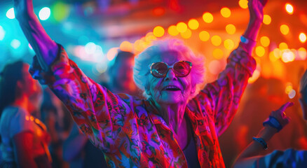 Wall Mural - an elderly woman at a music festival. She is wearing sunglasses and dancing with her arms in the air as colorful lights surround her.