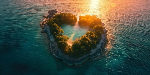 Wall Mural - Love Holiday Concept. Sunrise Aerial Shot of Paradise Island in the Shape of a Heart.