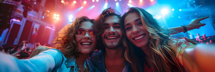 Poster - Dynamic Friends Taking a Selfie at an Exciting Concert   Genuine Moment of Live Music Enjoyment Captured in Vibrant Photo Realism