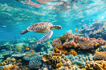 Wall Mural - A sea turtle swimming gracefully over the vibrant coral reefs of an island in the Maldives, with colorful fish and marine life surrounding it.