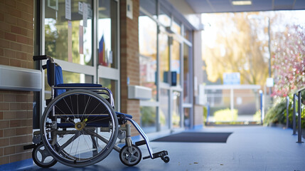 Hospital Entrance: An image showing the disability flag displayed prominently at the entrance of a hospital, signifying the facility's commitment to providing accessible healthcare