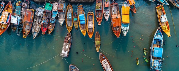 Wall Mural - Aerial view of many boats and fishing boats docket at Malpe New Port, Udupi, Karnataka, India.