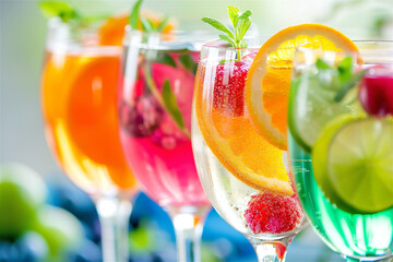 Close up photo of fresh summer cocktails with fresh fruits, orange, lime, berries, mint, ice and sparkle water. Non-alcoholic drink-beverages at the outdoor beach bar