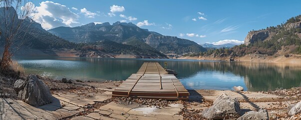 Wall Mural - Abandoned dock at the Sau reservoir, Panta de Sau, due to Catalonia's biggest drought in history