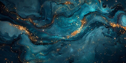 Wall Mural - Liquid Swirls in Beautiful Teal and Blue colors, with Gold Glitter. Abstract Design Background.