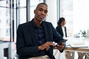 Canvas Print - Black man, portrait and phone for planning in meeting, communication and networking in office. Male person, boardroom and website for online research, professional and chat to business contact