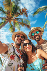 Smiling happy friends taking selfie photography at tropical beach with white sand and palm beach. Summer vacation in exotic resort, travel photo in a tropical paradise. 