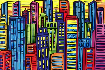 Wall Mural - Cartoon cute doodles of a pop art-style cityscape with skyscrapers in bold primary colors, Generative AI 