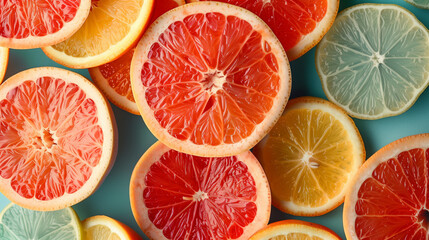 Vibrant citrus fruit slices arranged on a colorful background, embodying the zest and freshness of summer.