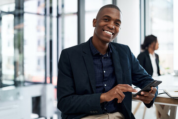 Black man, portrait and trading with phone at office for investment or corporate finance. African, male person or businessman with smile on mobile smartphone for financial investing at workplace