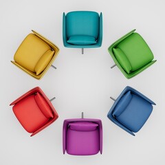 Wall Mural - 3d render Colorful chairs arranged around .top view