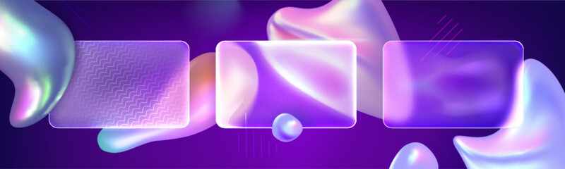 Glass morphism background with abstract fluid holographic shapes and transparent blur rectangular banners on purple bg. Realistic 3d vector illustration of frosted geometric frames template.