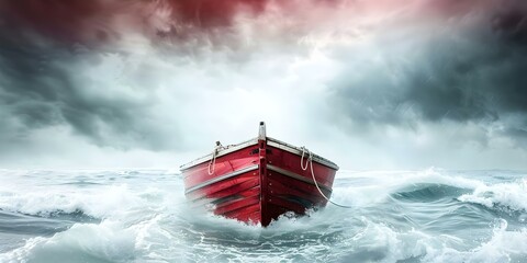 Canvas Print - View from Below of an Old Wooden Ship in a Stormy Sea with Dramatic Sky. Concept View from Below, Wooden Ship, Stormy Sea, Dramatic Sky