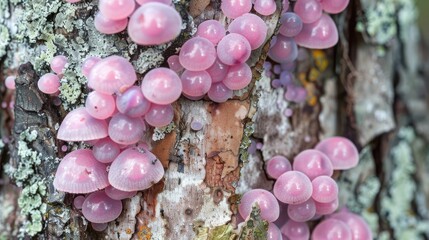 Wall Mural - Egg masses of pink snails adhering to tree bark