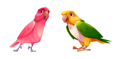 Wall Mural - Parrot with bright colorful feathers. Cartoon vector illustration set of cute tropical birds standing. Exotic jungle pink, yellow and green birdie with beak and wings. Wild cheerful animal mascot.