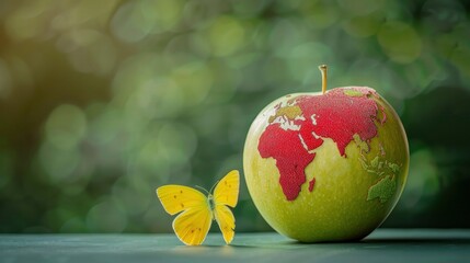 Wall Mural - an apple with the world map on it sitting next to an yellow butterfly