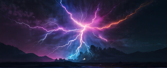 Wall Mural - Infrared shot of a bolt of lightning hitting the ground, neon color background