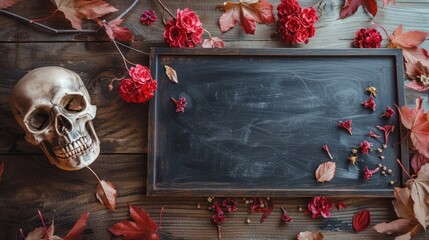 Wall Mural - Human skull with red dried flowers on wooden background and blackboard symbolizing death and Halloween