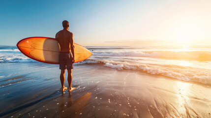 A man stands on the beach holding a surfboard, Ai Generated images