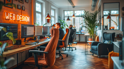 a modern web design office with developers working at desks, monitors displaying code. clean layout 