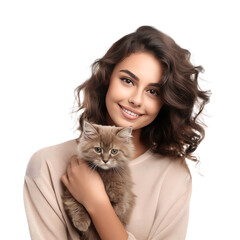 Wall Mural - woman with cat isolated on white