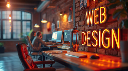a modern web design office with developers working at desks, monitors displaying code. clean layout 