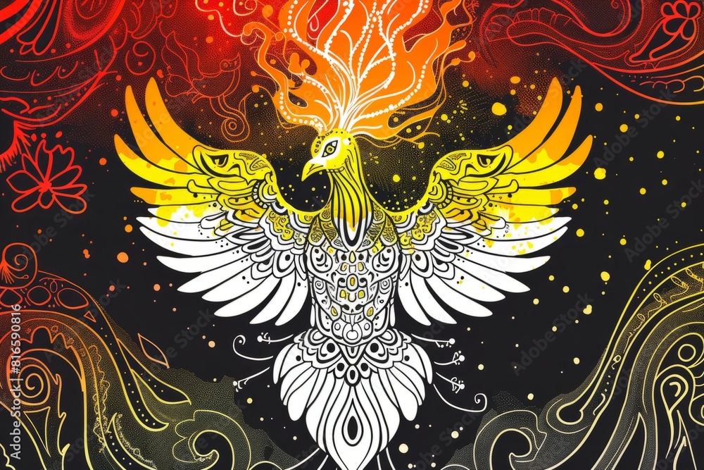 Cartoon cute doodles of a mystical phoenix rising from the ashes of an ...