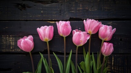 Wall Mural - A depiction of 5 pink tulips on a dark wooden surface for gifts vacations and postcards