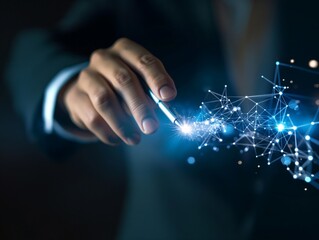 Wall Mural - A businessman in a suit uses a stylus to interact with a glowing digital network, symbolizing technology, innovation, and connectivity
