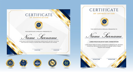 Wall Mural - certificate of appreciation template, gold and blue color. clean modern certificate with gold badge.