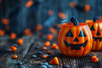 Wall Mural - Halloween pumpkin wood background 