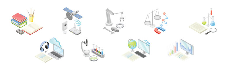 Wall Mural - STEM Education and Science Object and Equipment Isometric Vector Set