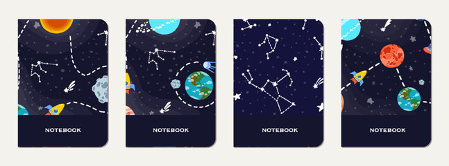 Wall Mural - school notebook cover design with cartoon galaxy.