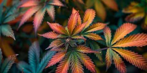 Wall Mural - A cannabis plant with unusual coloring due to genetic modifications, in a research setting.