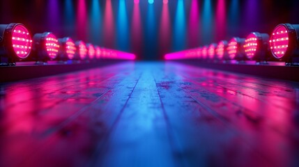 Nightclub runway bright lights dark wooden floor