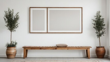 Wooden rustic bench near white wall with two frames. Farmhouse, country, boho interior design of modern home entryway, hall.