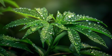Wall Mural - A close-up of water droplets on a cannabis plant in an early morning mist.