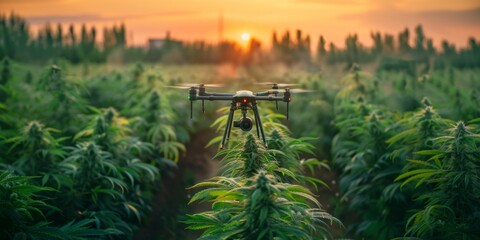 Wall Mural - A drone monitoring a vast cannabis farm, part of a smart agricultural initiative.