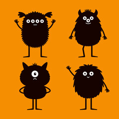 Canvas Print - Monster set. Happy Halloween. Black silhouette monsters. Cute different faces. Kawaii cartoon funny boo character. Eyes, teeth, horns hands. Childish style. Flat design. Orange background. Vector